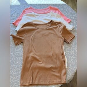 a new day Ribbed Short Sleeve Tops - Pink, White, and Brown